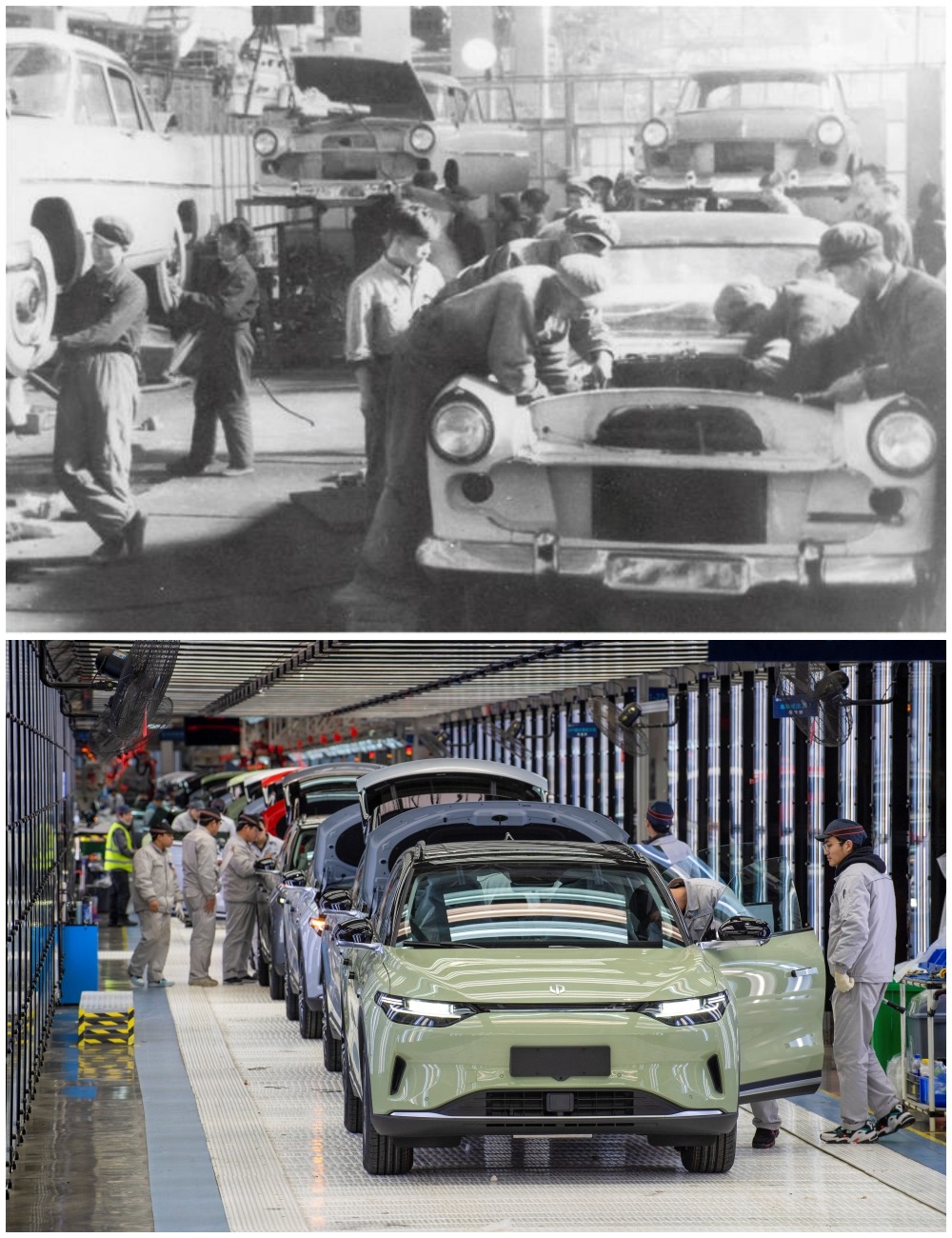 上圖為1958年拍攝的第一汽車製造廠，這裏生產了第一批紅旗轎車；下圖為新能源汽車廠。