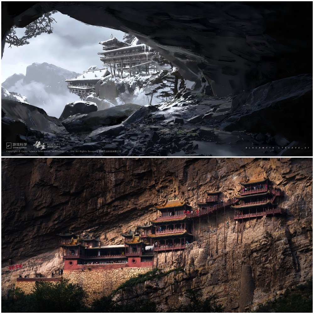 《黑神话：悟空》中的一个游戏场景（上图），取材自中国著名的山西悬空寺（下图）。