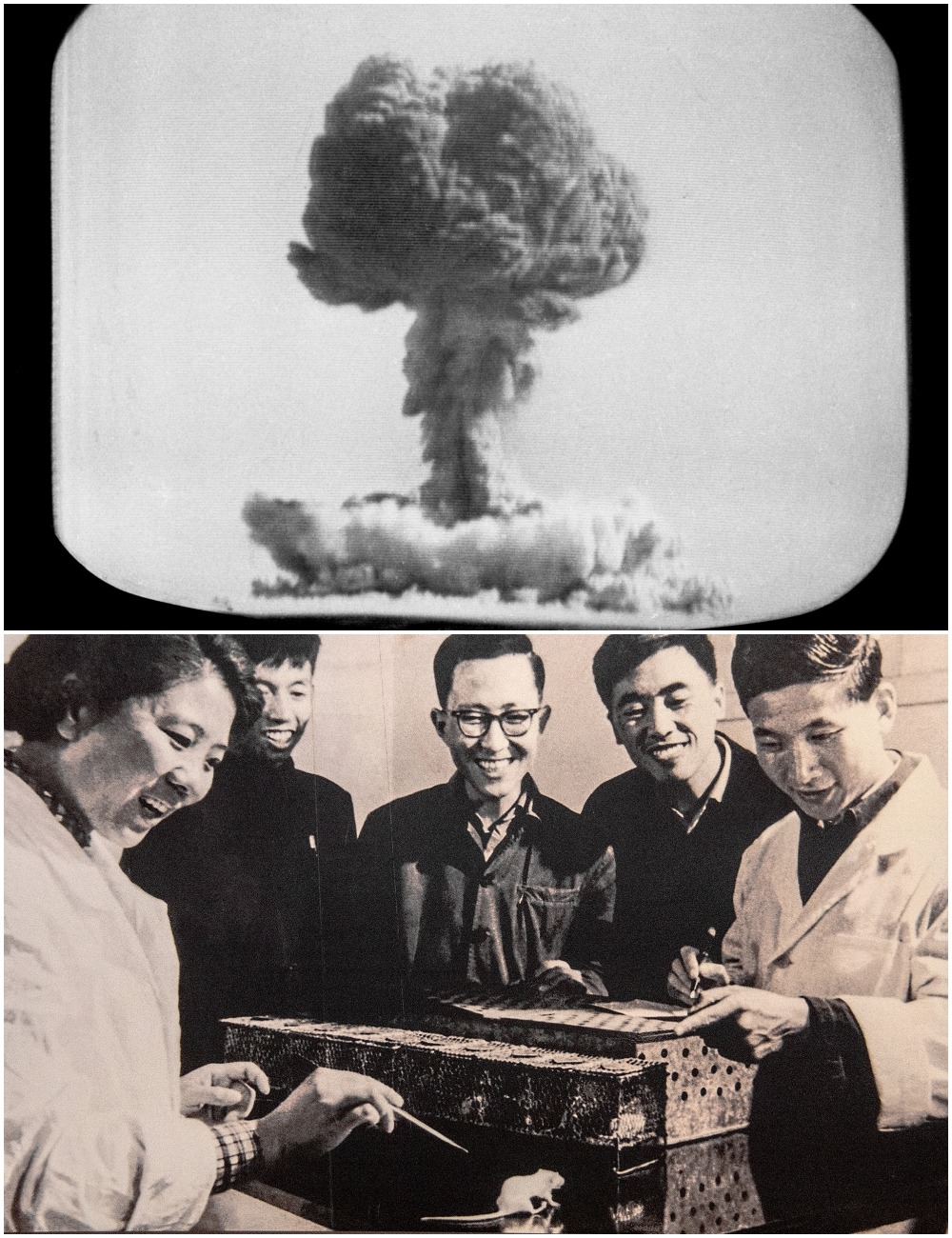 1964年中國第一顆原子彈裝置爆炸成功（上圖）；1965年中國首次人工合成牛胰島素（下圖）。