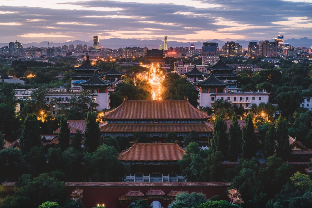 Landmarks along the Beijing Central Axis light up at night