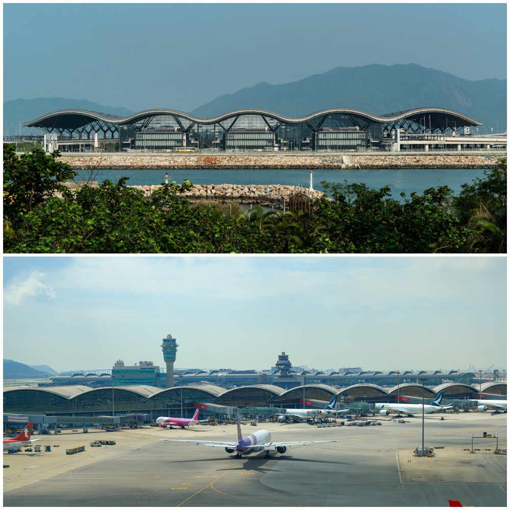 上圖為港珠澳大橋口岸旅檢大樓，下圖為赤鱲角香港國際機場。