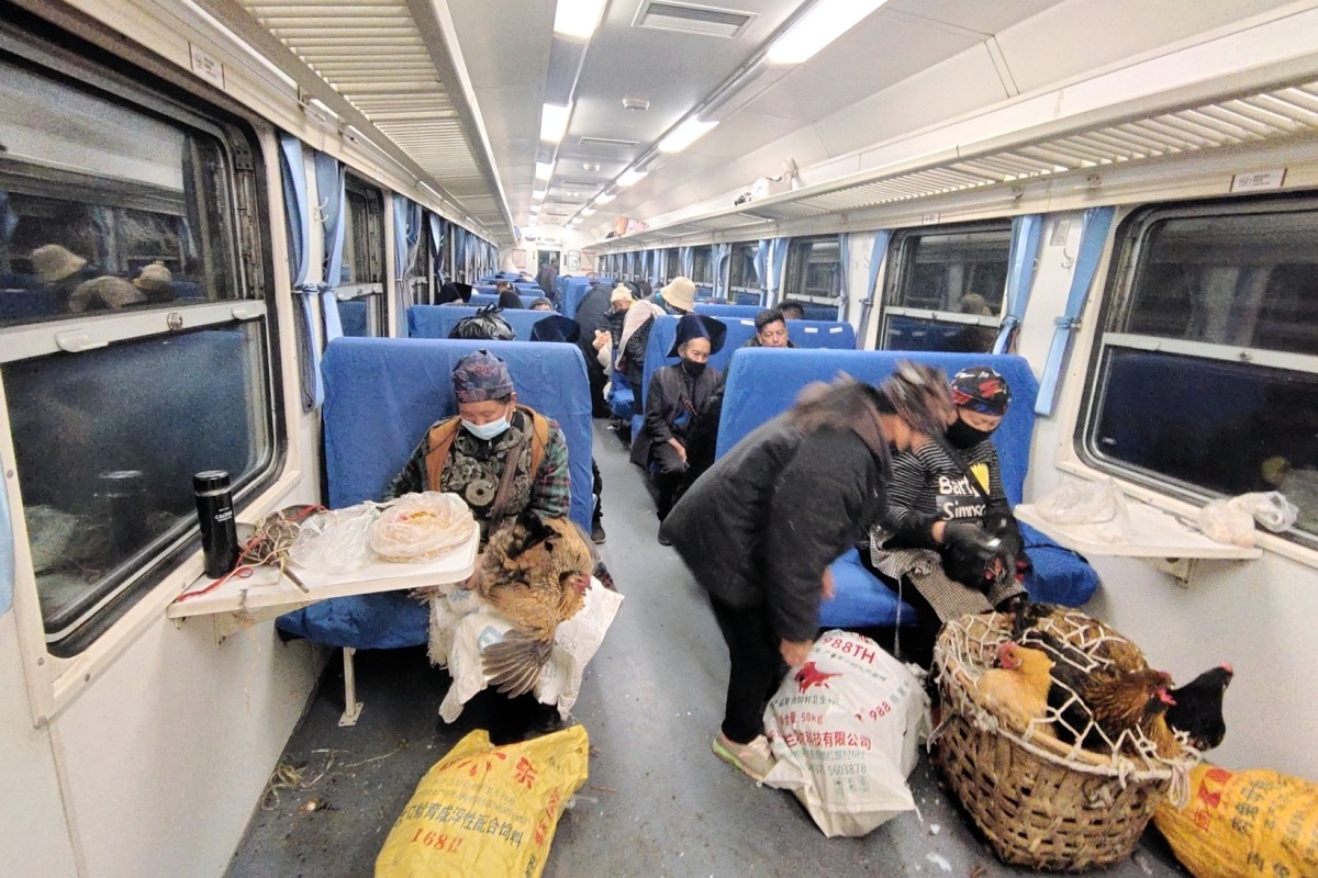 內地火車一般不允許乘客帶活家禽，但公益性「慢火車」是例外。圖為涼山居民乘搭5633次列車，把家禽送到市場出售。（網上圖片）