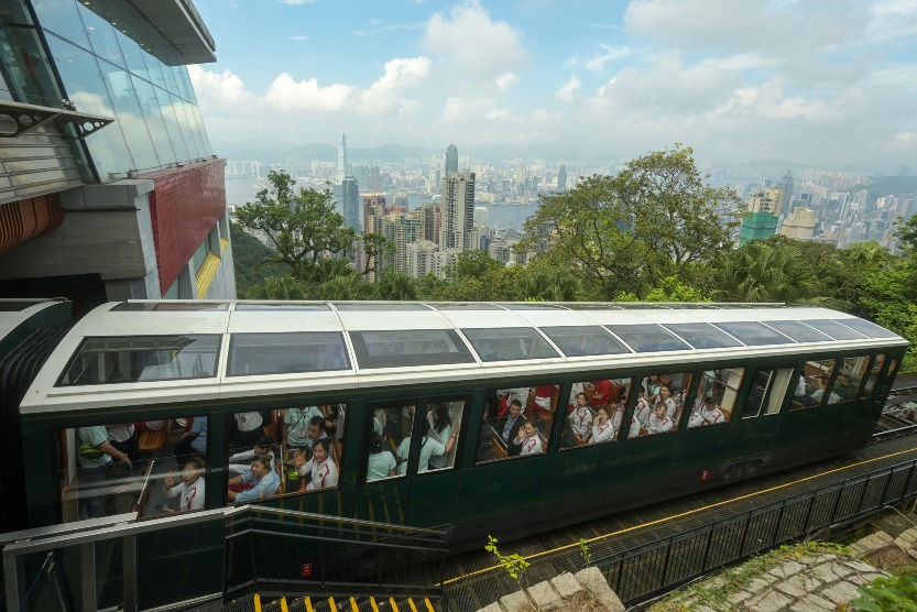 國家隊代表團訪港搭乘山頂纜車，遊覽香港太平山頂。