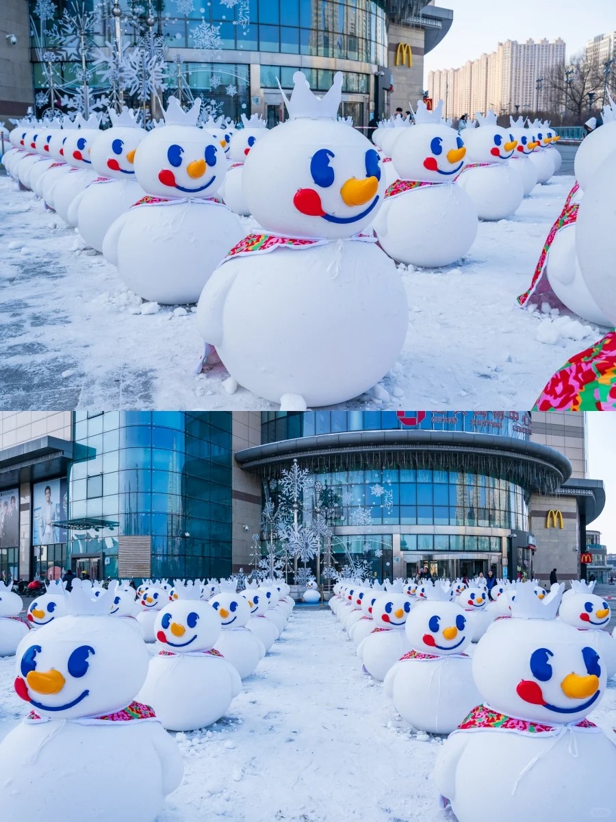 哈尔滨另一支“雪人军团”坐落于群力远大购物广场附近，雪人以茶饮品牌“蜜雪冰城”中的“雪王”为造型，十分吸睛。